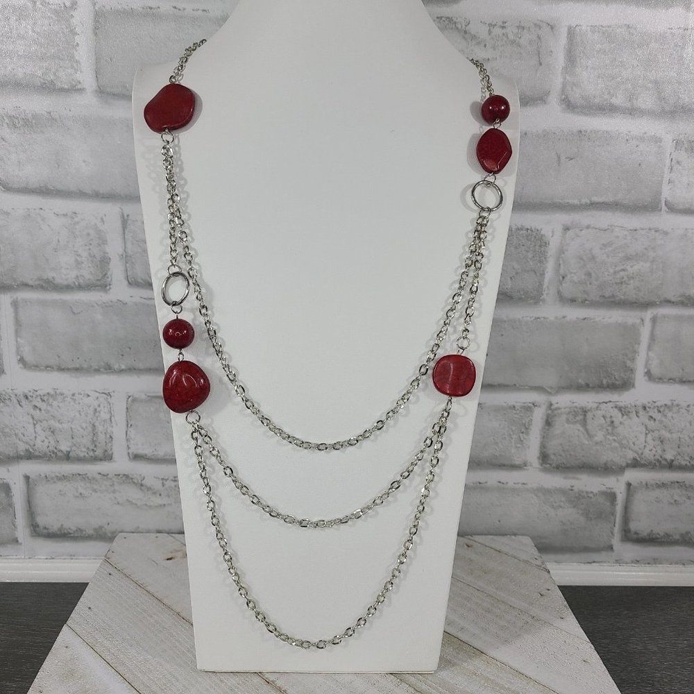 Long Red Necklace Multi Stand Silver Tone Red Acrylic Beads